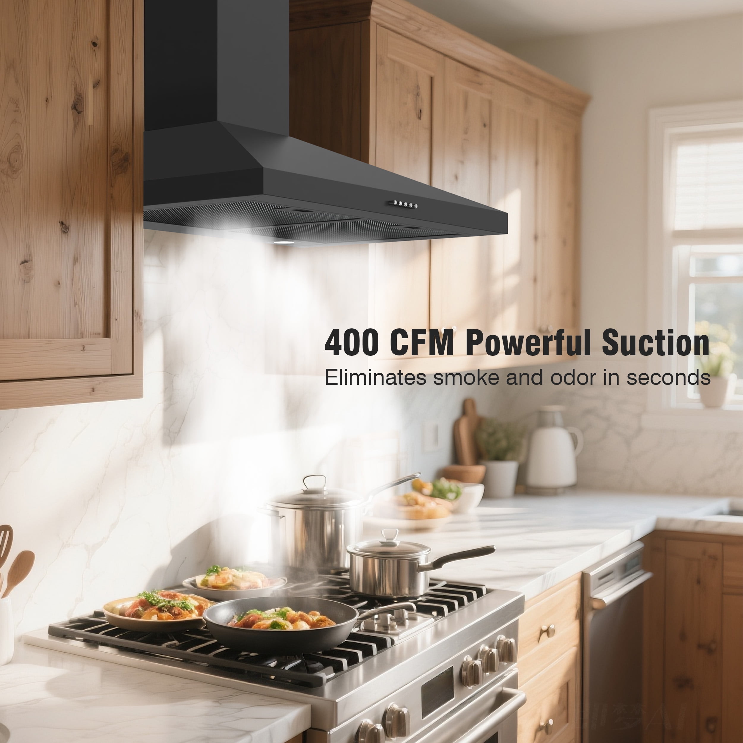 FIREGAS Wall Mount Range Hood 30 inch Black Vent Hood for Kitchen400 CFM with Ducted Convertible Ductless Kitchen Hood in Stainless Steel, 3-speed Whole-House Fan, LED Lights