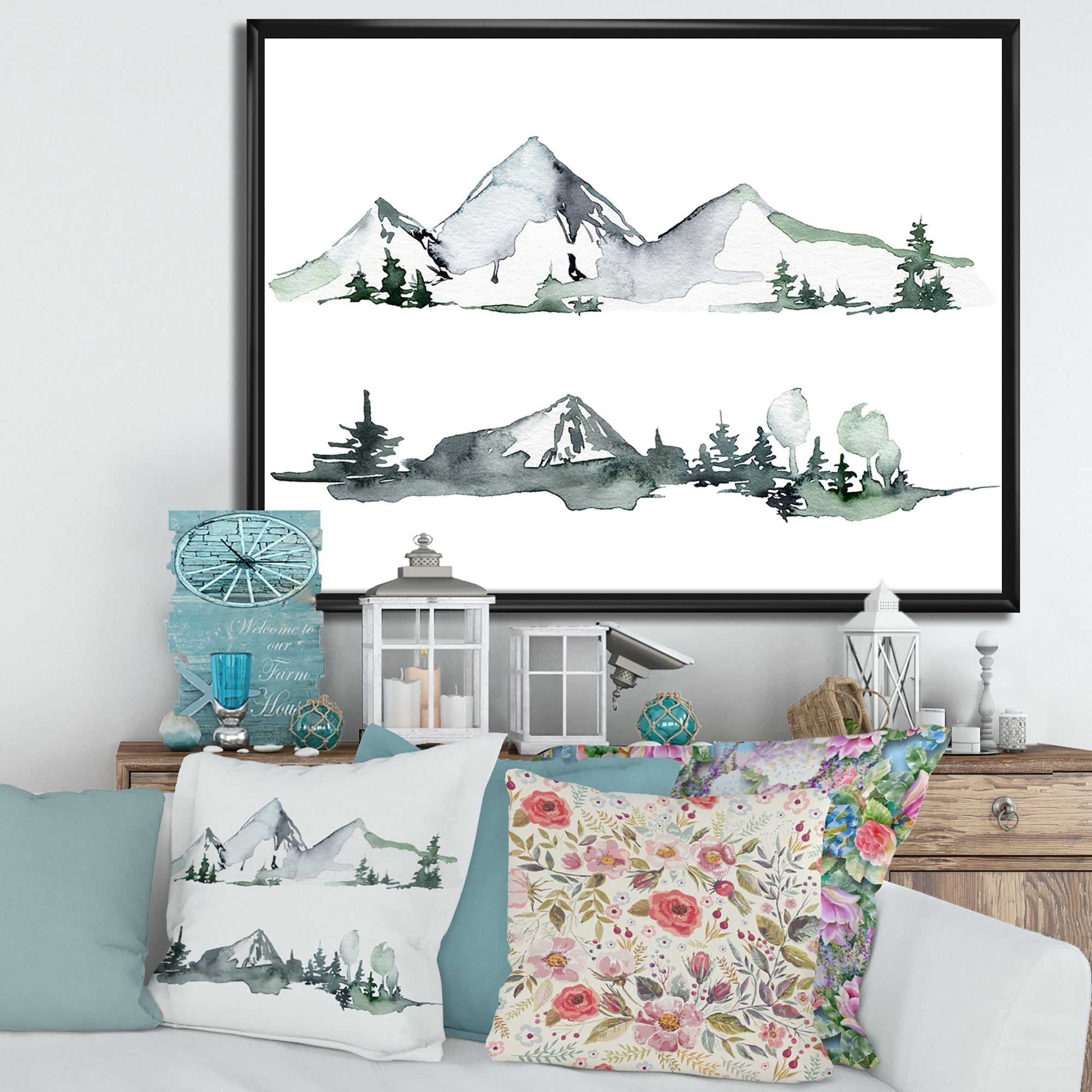 Designart 'Trees With Winter Dark Blue Mountain Landscape II' Modern Framed Canvas Wall Art Print