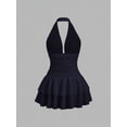 thumbnail image 2 of Black Knit & Woven Patchwork V-Neck Ruffle Backless Mini Dress, Ruched Waist, Elegant Vacation Casual Wear, 2 of 10