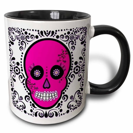 Black Rubber Scroll Design - 3dRose Day of the Dead Skull D?a de los Muertos Sugar Skull Pink White Black Scroll Design, Two Tone Black Mug, 11oz