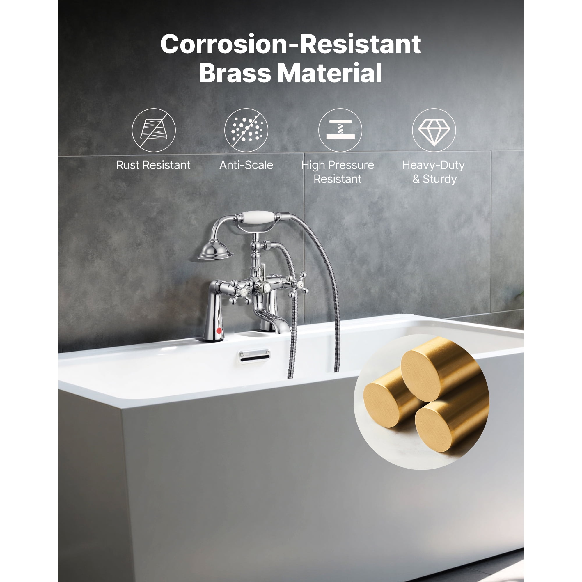 KFFKFF Clawfoot Tub Faucet, Deck-Mounted Bathtub Faucet with Handheld Shower, Classic Polished Chrome Tub Filler with 360° Swivel Spout & 59-Inch Hose for Bathtubs