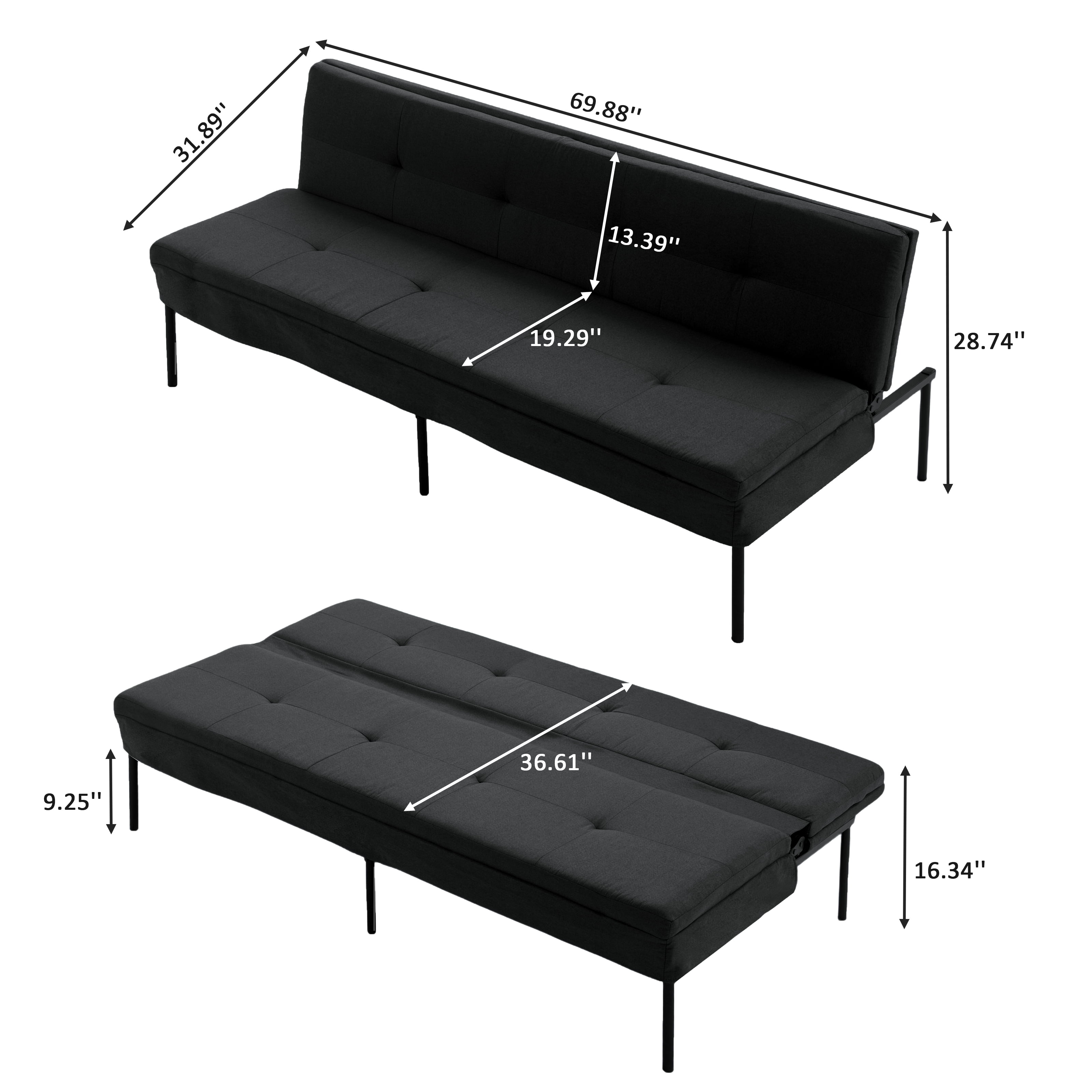 Gewnee 69.88'' Futon Sofa Bed,Convertible Sleeper Sofa,5-Position Adjustable Backrest,Modern Polyester Upholstery,All-Iron Frame-for Living Room,Apartment,Office,Dorm.Black