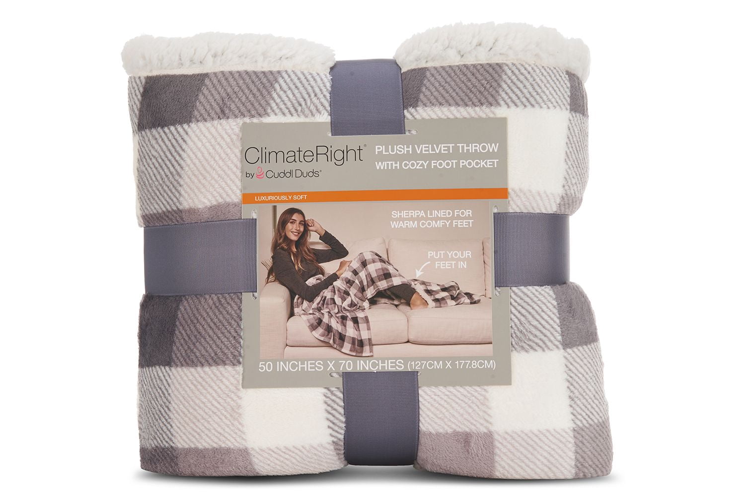 ClimateRight by Cuddl Duds Oversized Throw With A Cozy Sherpa Pocket For Your Feet, Charcoal Buffalo Plaid