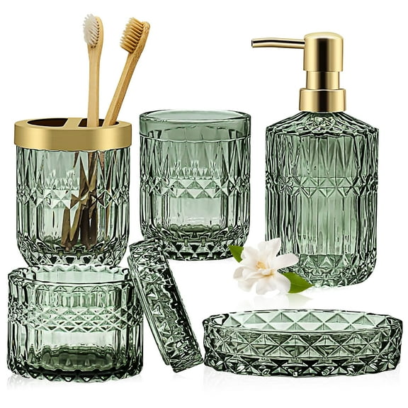 FOUNDLDF 5Pcs Glass Bathroom Accessory Complete Set，Bathroom Glass Accessories Set (Lotion Soap Dispenser, Soap Dish, Toothbrush Holder, Tumbler, Cotton Swab Jar) (Green)