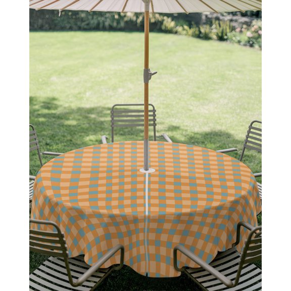 Outdoor Tablecloth with Umbrella Hole, Rustic Orange Blue Checkered Zippered Table Cloth for Square Tables, Autumn Buffalo Plaid Washable Waterproof Tablecloths for Picnic Patio Garden