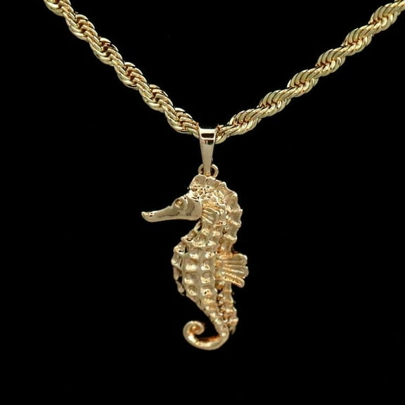 14K Bonded Gold Necklace, 20 Inches Rope Chain with Sea Horse Pendent