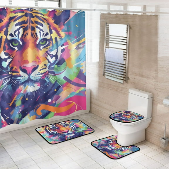 Ryvnso 4 Pcs Abstract Tiger Bathroom Shower Curtain Set with 12 Hooks Bath Mat Toilet Lid Cover