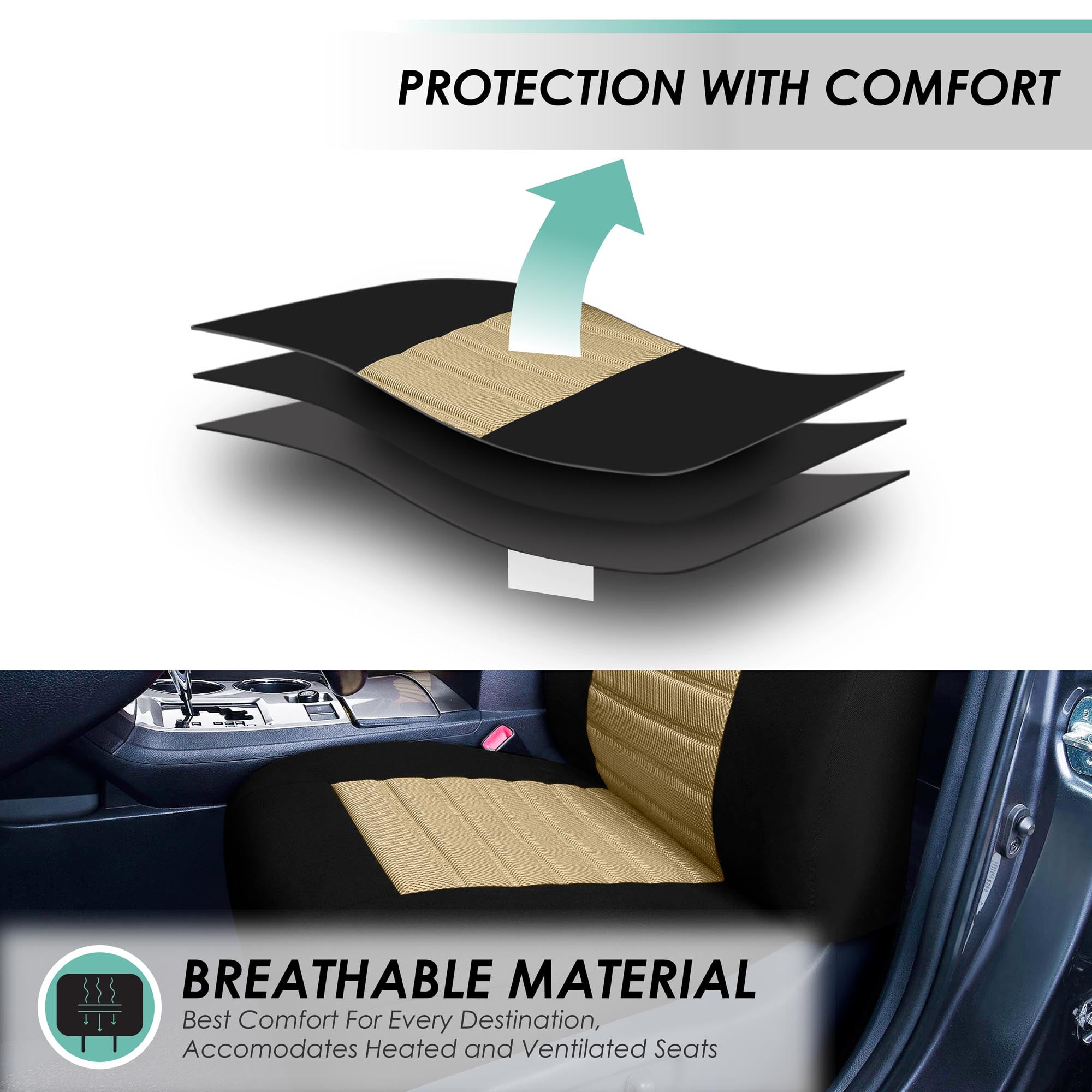 FH Group 3 Row Universal Fit Car Seat Covers Premium 3D Air Mesh with Removable Headrest,  Airbag Compatible for SUV, Sedan, Van Beige - 7 Seater