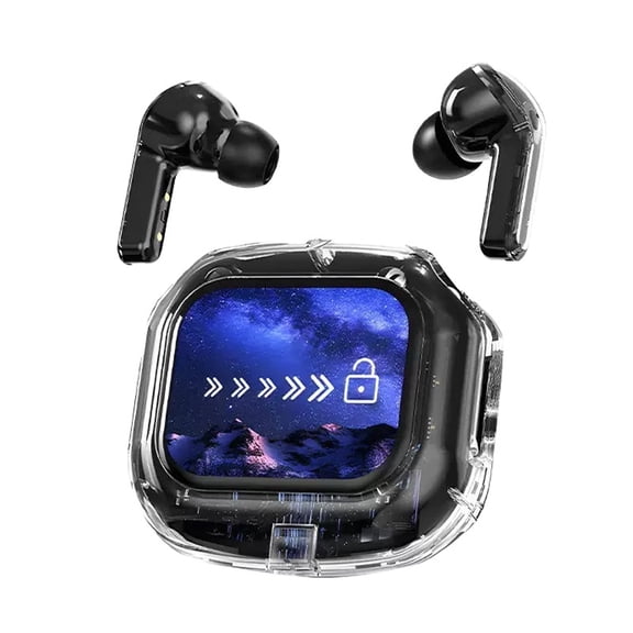 Transparent TWS Bluetooth Earbuds with Smart Touch Screen Case, Wireless Noise Cancelling Headphones with Full-Color Display, Bluetooth 5.3 for Gym and Travel