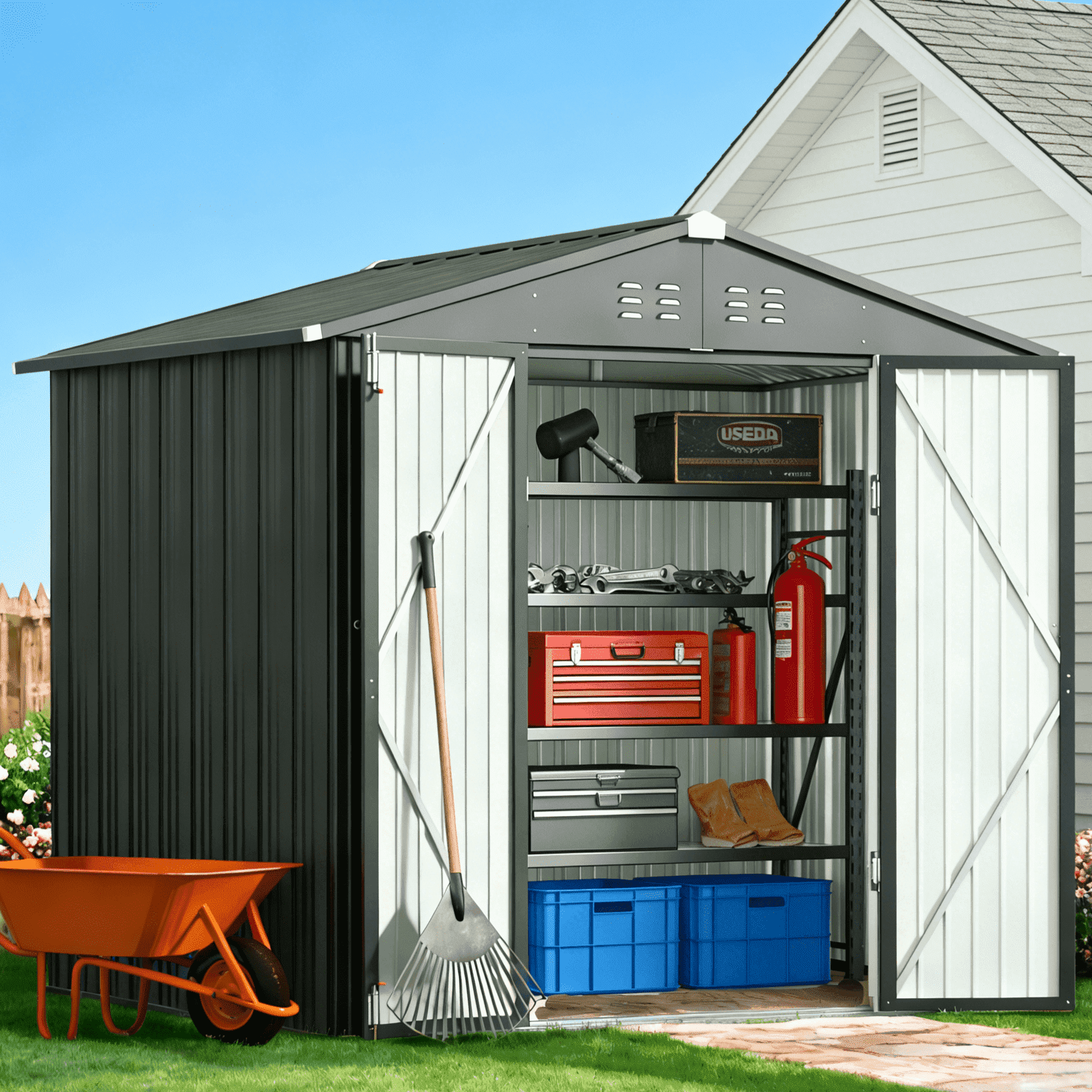 Lofka 8x6 FT Outdoor Storage Shed Lockable Waterproof Rust Resistant Garden Tool Shed Dark Grey