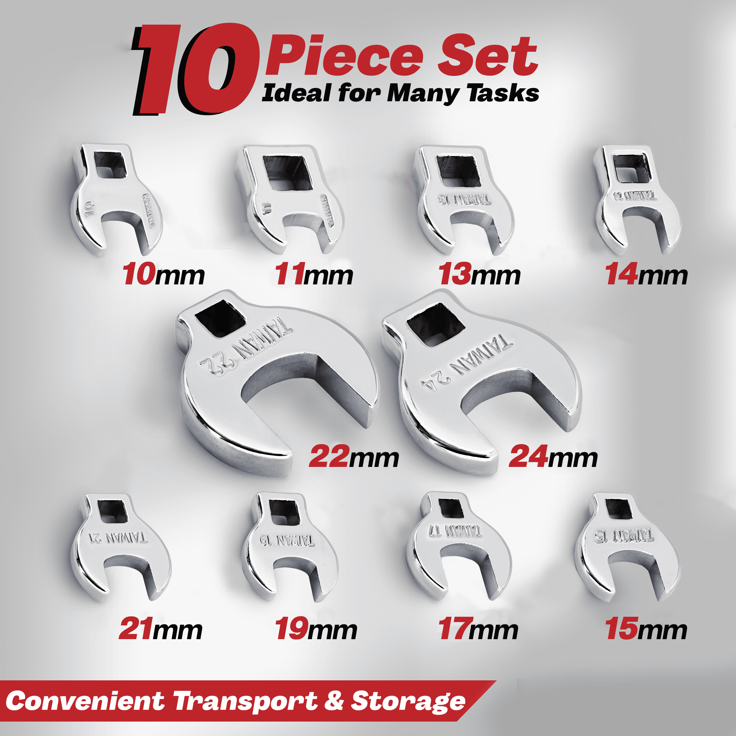 Crows Foot Wrench Set (Metric) Easily Access Hard-To-Reach Areas, Ideal for Tight Spaces, Great for Automotive Repair Work, Includes Sizes: From 10MM to 24MM, 10-Piece Kit With Clip-on Organizer
