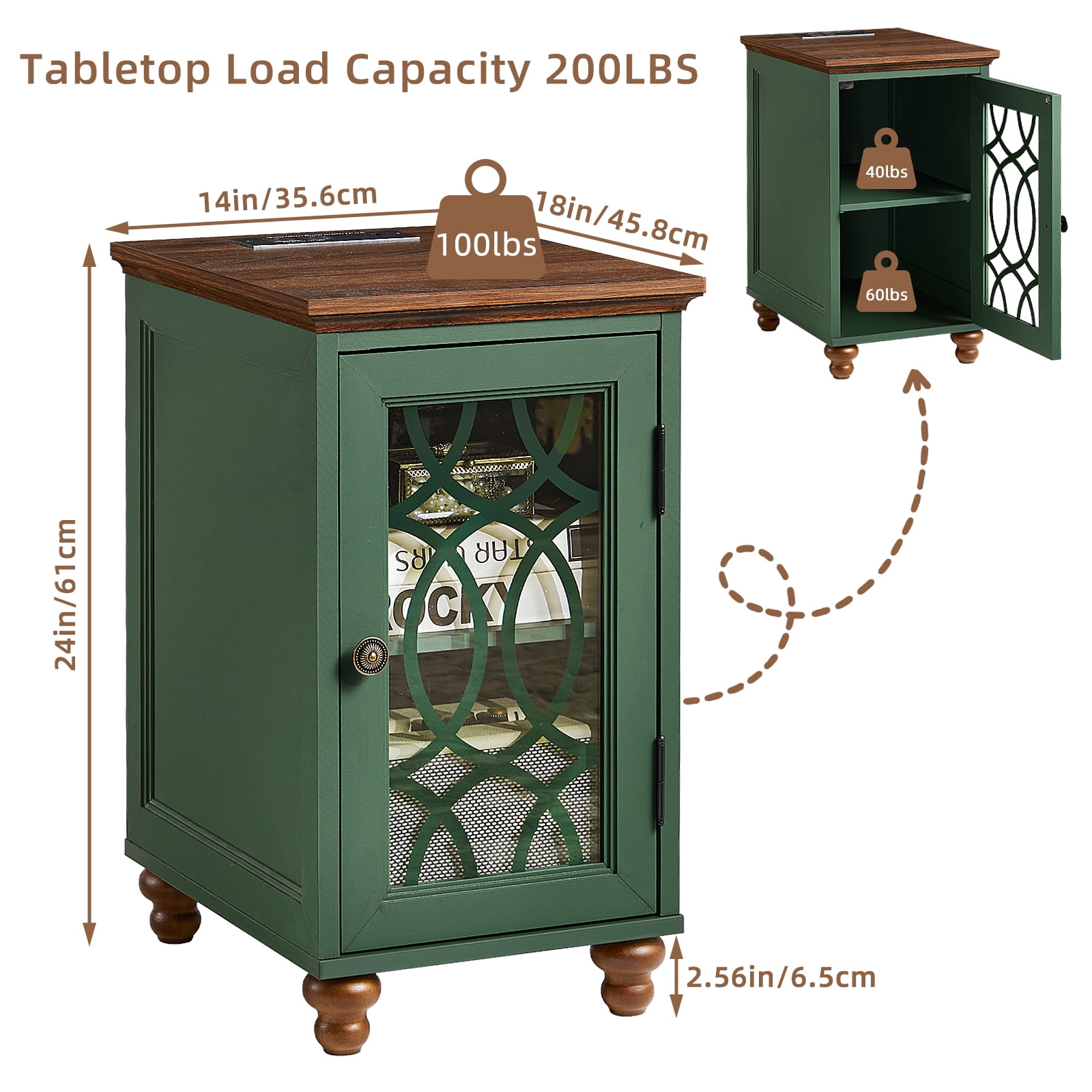 Modern Bedside Table Set for Small Spaces - 2 Narrow Nightstands with Charging Station, Glass Door & Adjustable Storage, Green