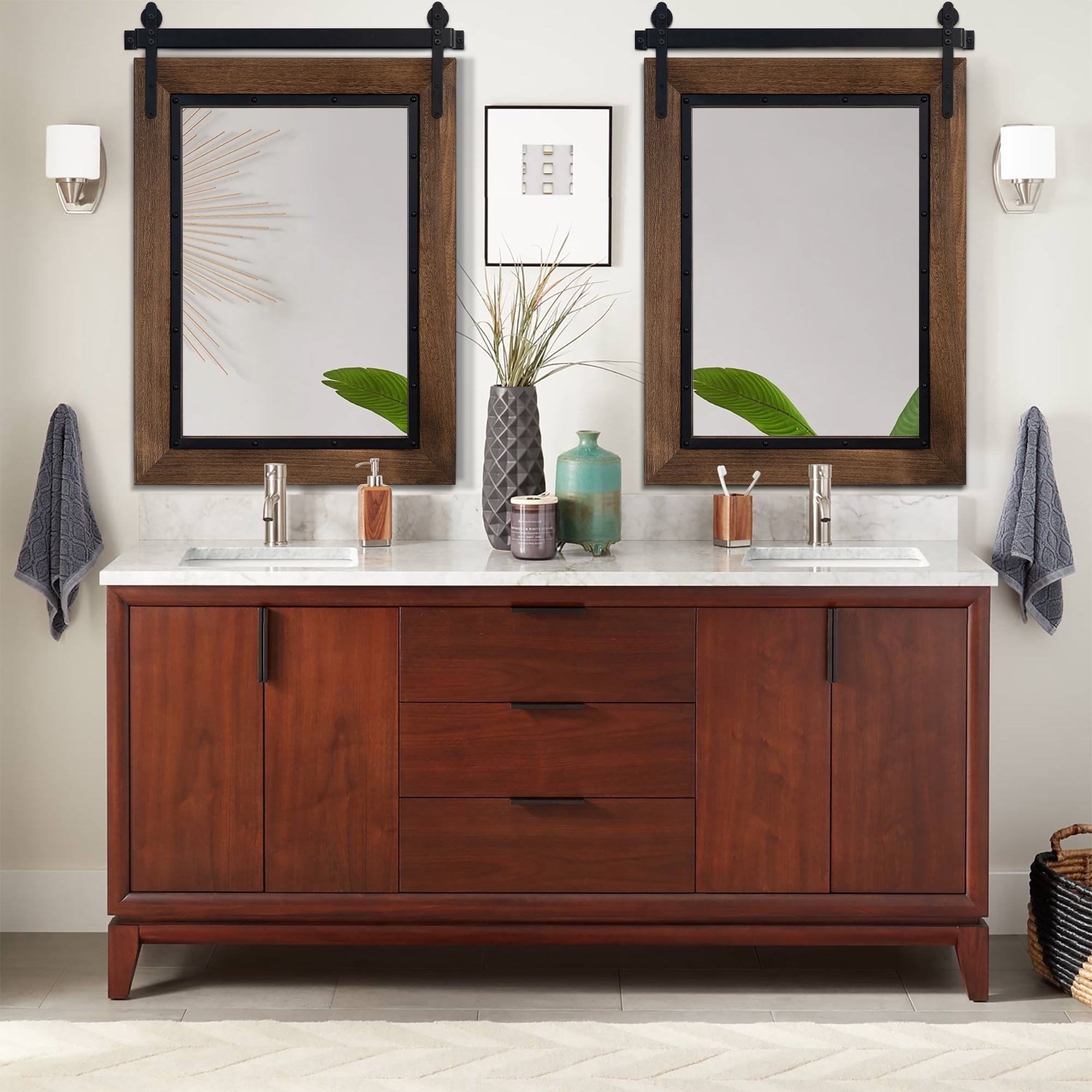 YOSHOOT Farmhouse Barn Door Mirror,32"x24" Rustic Bathroom Mirror, Wood Frame Wall Mirror, Wooden Mirror for Living Room Bedroom Entryway Wall Décor