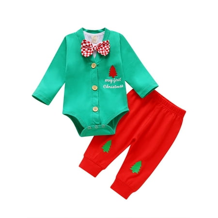 

Colisha Casual Photograph 2 Pieces Outfit for Baby Buttons Beam Foot Jumpsuit Top + Pants Letter Printed Elastic Waist Christmas Outfits Green 70cm