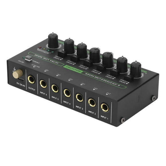 6 Channel Mixer, DJ Audio Mixer with RGB Light, 1/4 TRS TS Low Noise Stereo Mono Switching Line Controller Sound Mixer for Studio, DC 5V Power, 6.35mm Interface