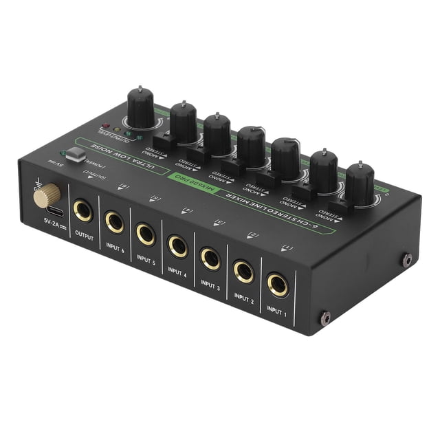6 Channel Mixer, DJ Audio Mixer with RGB Light, 1/4 TRS TS Low Noise Stereo Mono Switching Line Controller Sound Mixer for Studio, DC 5V Power, 6.35mm Interface