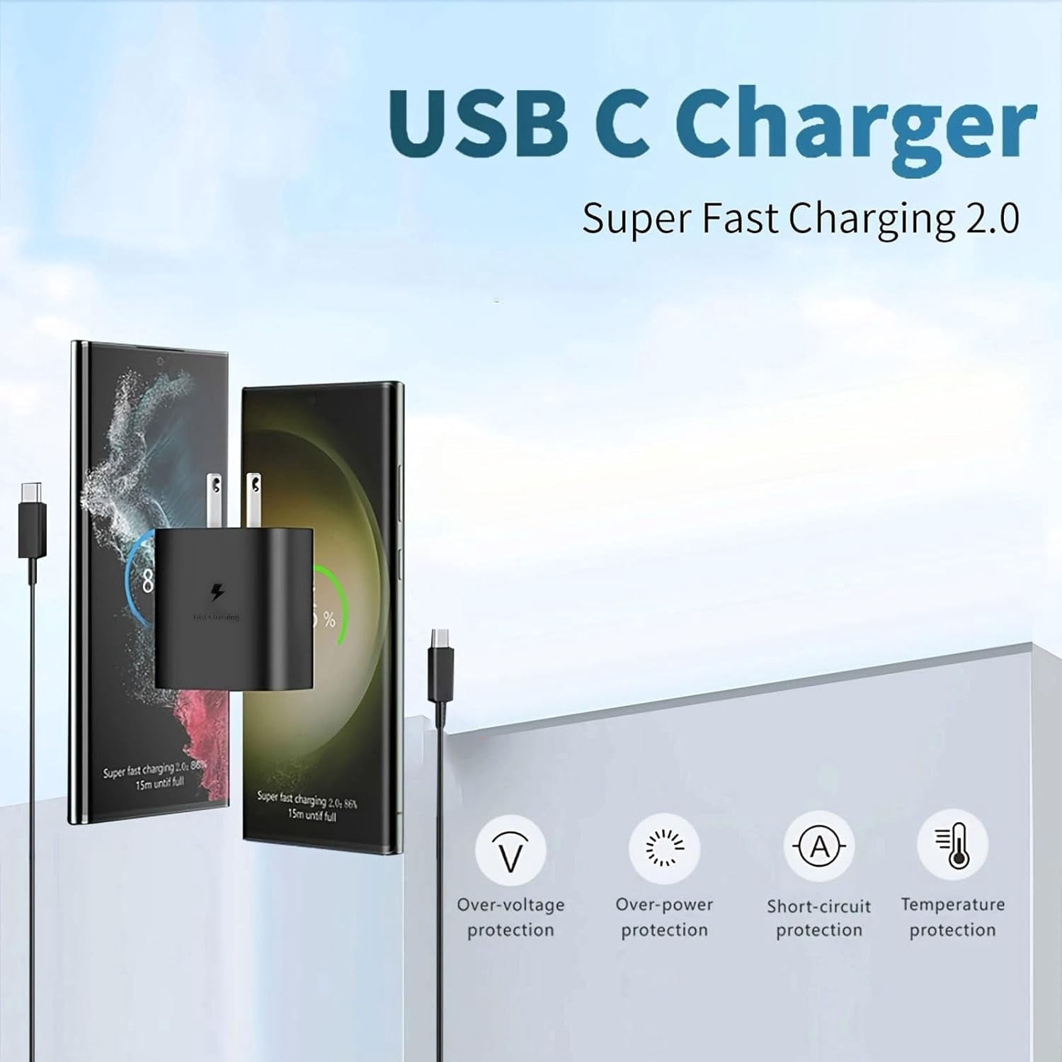 MHSIOAP-45W Fast Charger, USB C Port Adapter, wall-Mounted Cube Charging Block.Type-c Mobile Phone Charger with C to C Cable is Suitable for Samsung S25/S24/S23/S22/S21, Galaxy, and More.