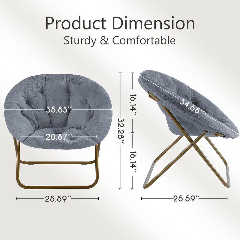 Cozy Chair, Faux Fur Saucer Chair for Bedroom, Comfy Foldable Moon Chair, Round Fluffy Chair for Living Room, Fuzzy Saucer Chairs for Adults Room, Grey