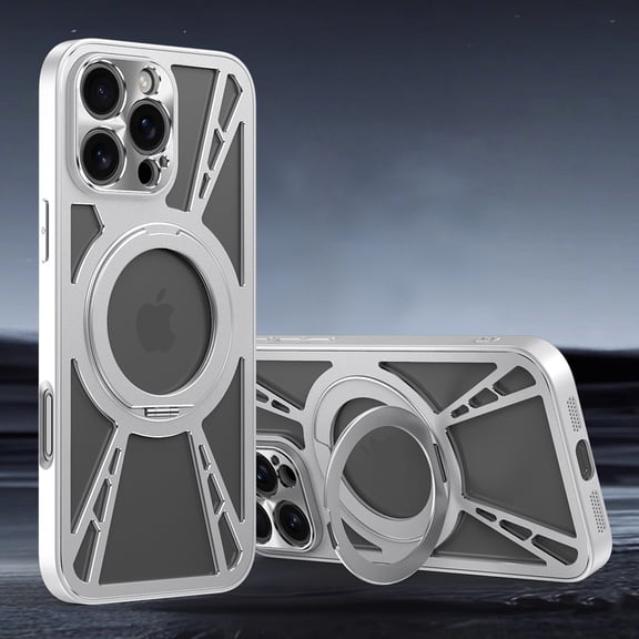 Mecha Style Magnetic Case For iPhone 13 with Foldable Kickstand, Compatible with MagSafe, Slim Hollow-Out Metal Cover, Shockproof Rugged Bumper Case For iPhone 13,Silver