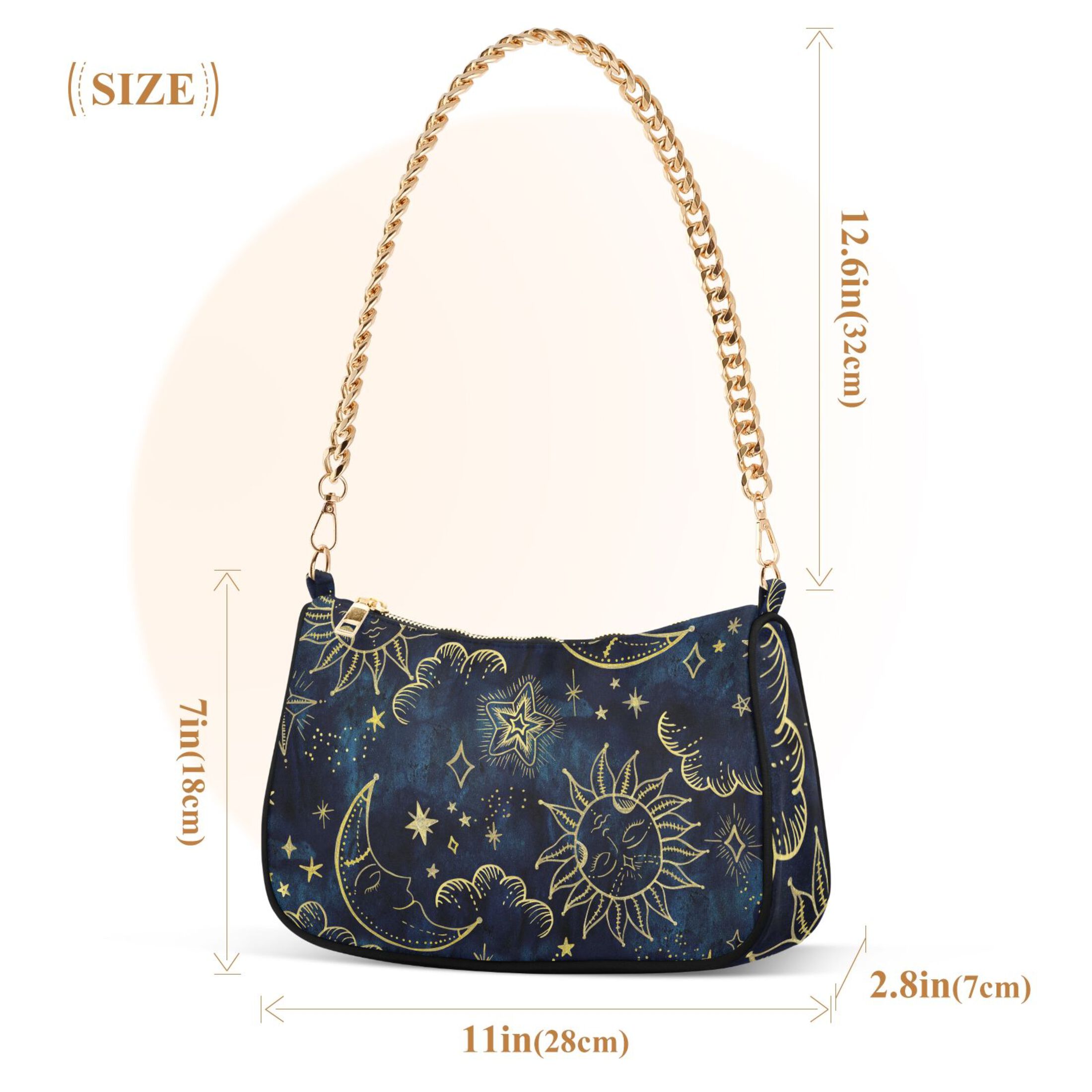 Sun Moon Boho Cosmos Astrology Womens Chain Shoulder Bag Tote Handbag Clutch Hobo Purse with Zipper for Travel Casual
