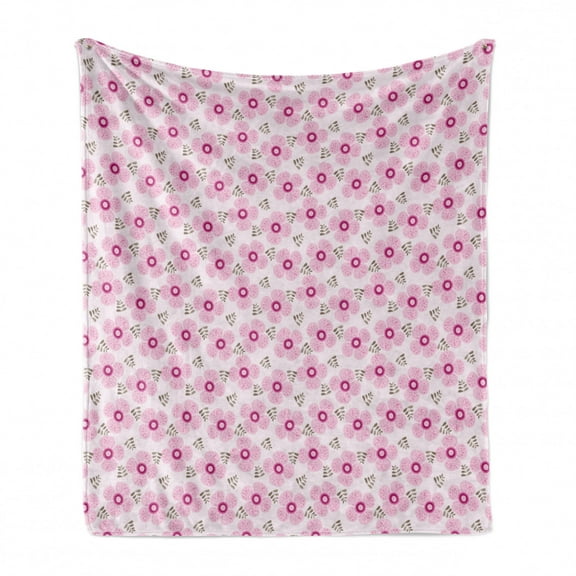 Floral Soft Flannel Fleece Throw Blanket, Pink Blossoms with Dotted Petals and Leaves Girlish Kids Nursery, Cozy Plush for Indoor and Outdoor Use, 50" x 70", Pale Pink Magenta, by Ambesonne