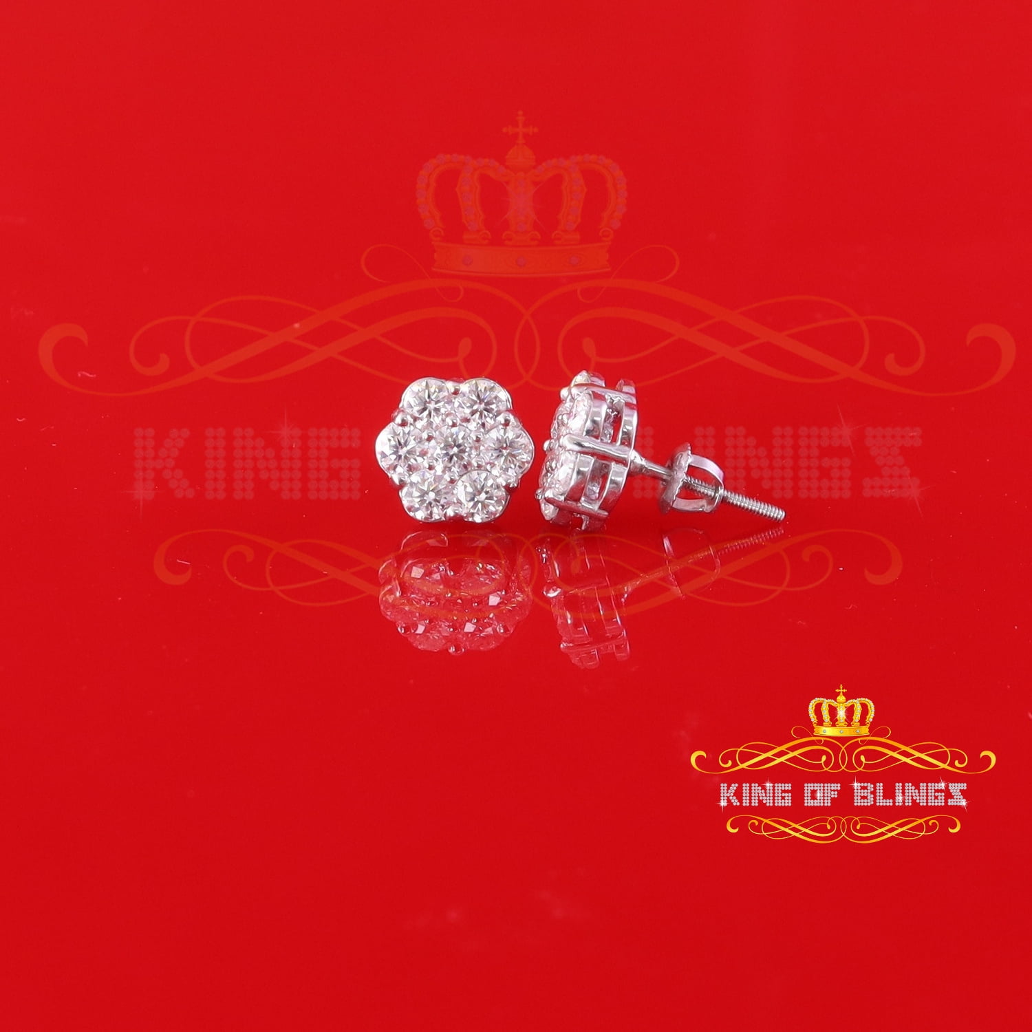 King of Bling's Men's/Womens 925 Silver White 1.66ct VVS 'D' Moissanite Floral Stud Earrings