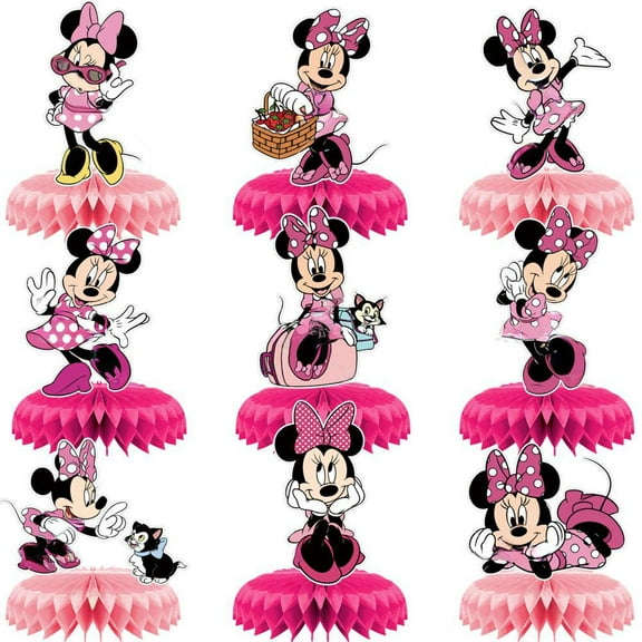 9PCS Minnie Birthday Party Supplies Set - Mickey Table Decorations with Honeycomb Centerpiece for Cartoon Party Decorations