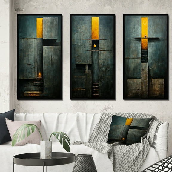 Designart "Indigo Stairway Minimal Grace IV" Modern Geometric Framed Wall Art Set Of 3 - Gold Abstract Geometric Frame Gallery Wall Set For Home Decor