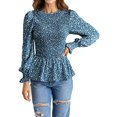 thumbnail image 1 of Blouse Smockée à Col Rond pour Femmes, Manches Longues, Florale, Froncée, à Volants, Peplum, 1 of 7