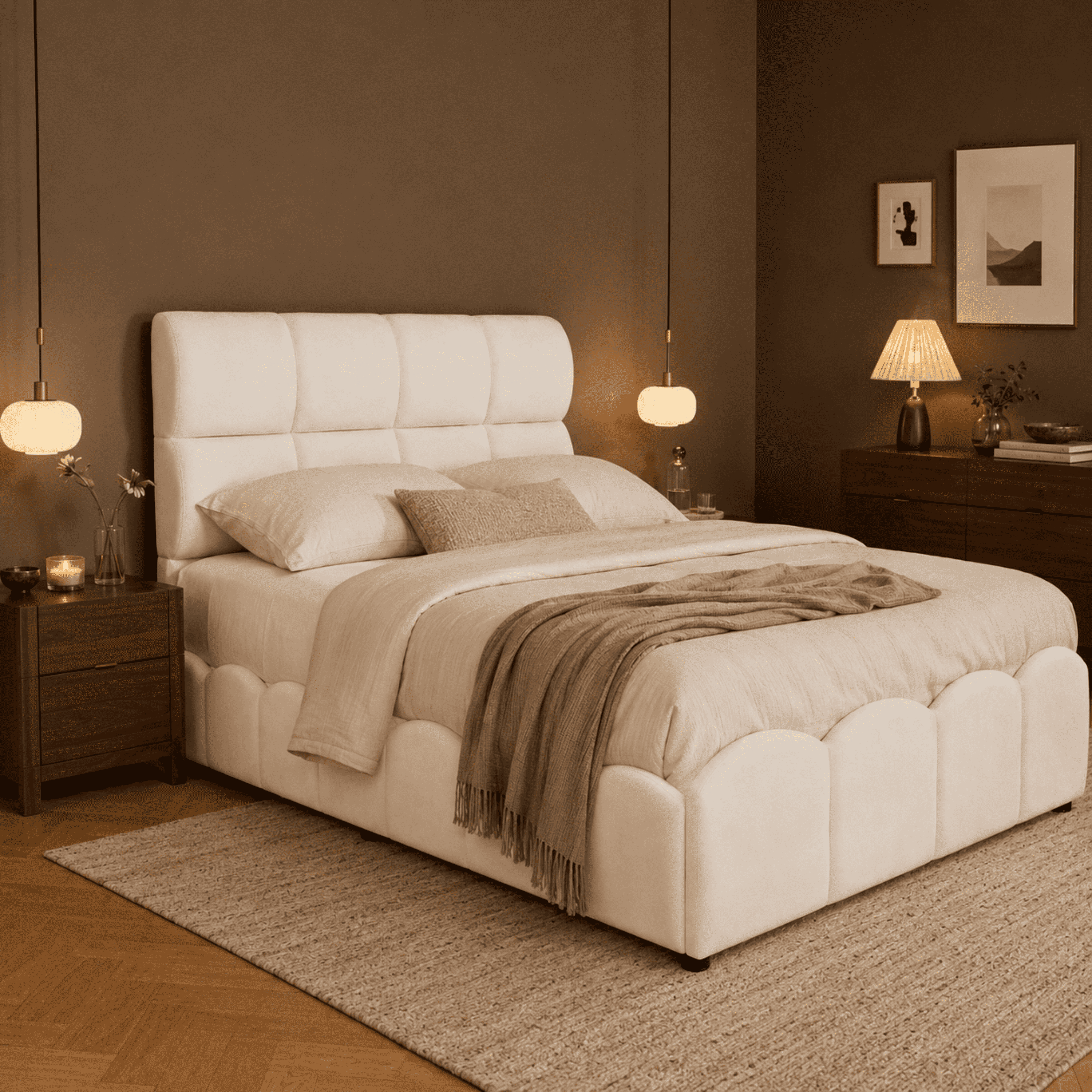 Euroco Upholstery Velvet Twin Size Platform Bed with Tall Panel Headboard, No Box Spring Needed, Beige