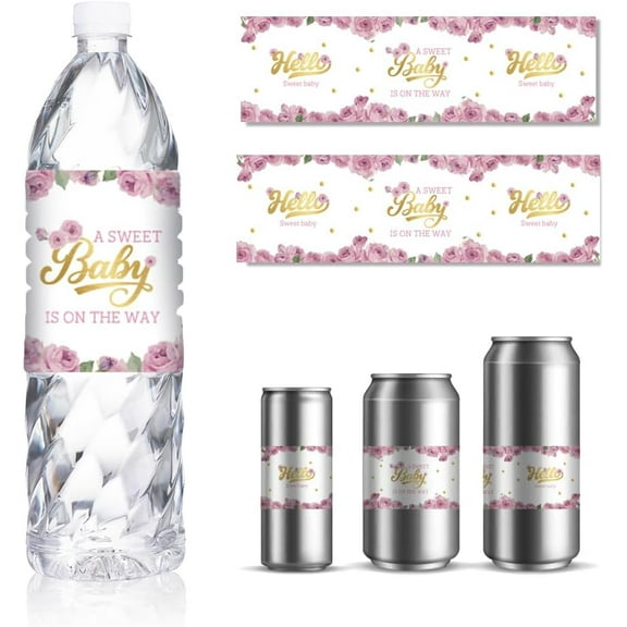 30 Sheets Baby Shower Water Bottle Labels Pink Gold Flower Drinking Water Container Labels Self-Adhesive Wraps Sticker