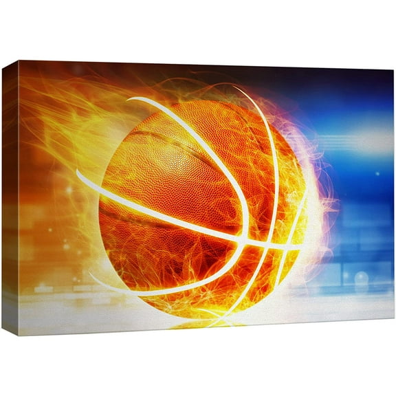 wall26 Canvas Print Wall Art Speeding Fiery Basketball on The Court Sports Athletes Digital Art Realism Modern Scenic Dramatic Fun Ultra for Living Room, Bedroom, Office - 24"x36"