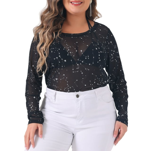 GRACE & GRANDEUR Blusas de Malla Transparente de Talla Grande de Manga Larga Cuello Redondo 3X Negro