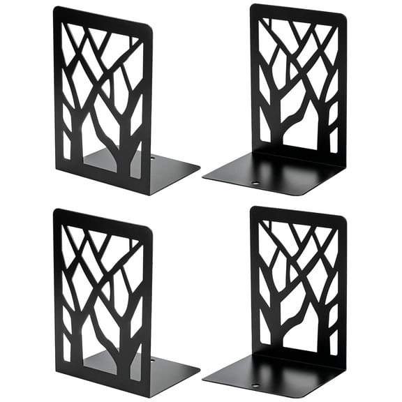 MaxGear 2 Pair/4 Pieces Book Ends Tree Design Modern Metal Bookends for Shelves, Heavy Duty Metal Book Stopper for CDs Black