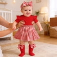 thumbnail image 2 of OSOLU Baby Girls Bodysuits Short Sleeve Plaid Newborn Infant Romper Dress With Headband Socks 3 Piece Set Stylish Onesie, 2 of 6