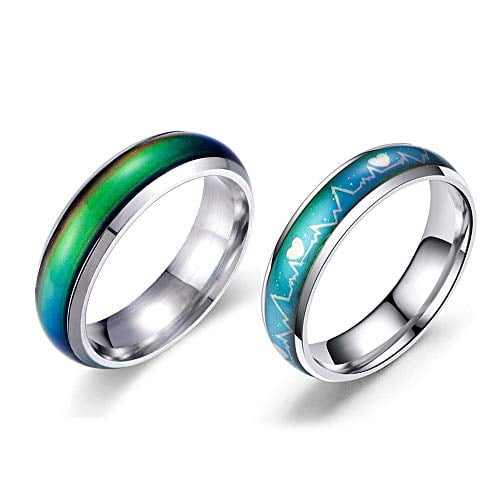 2 Pcs 6MM Comfort Fit Stainless Steel Color Changing Heart Mood Ring Heartbeat ECG Engagement Ring Wedding Band Anniversary Promise Walmart