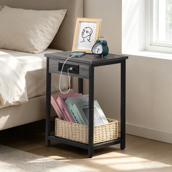 Small Side Table with Charging Station & USB Ports, 15.7" Gray End Table with Storage Shelf for Bedroom, Living Room, Office