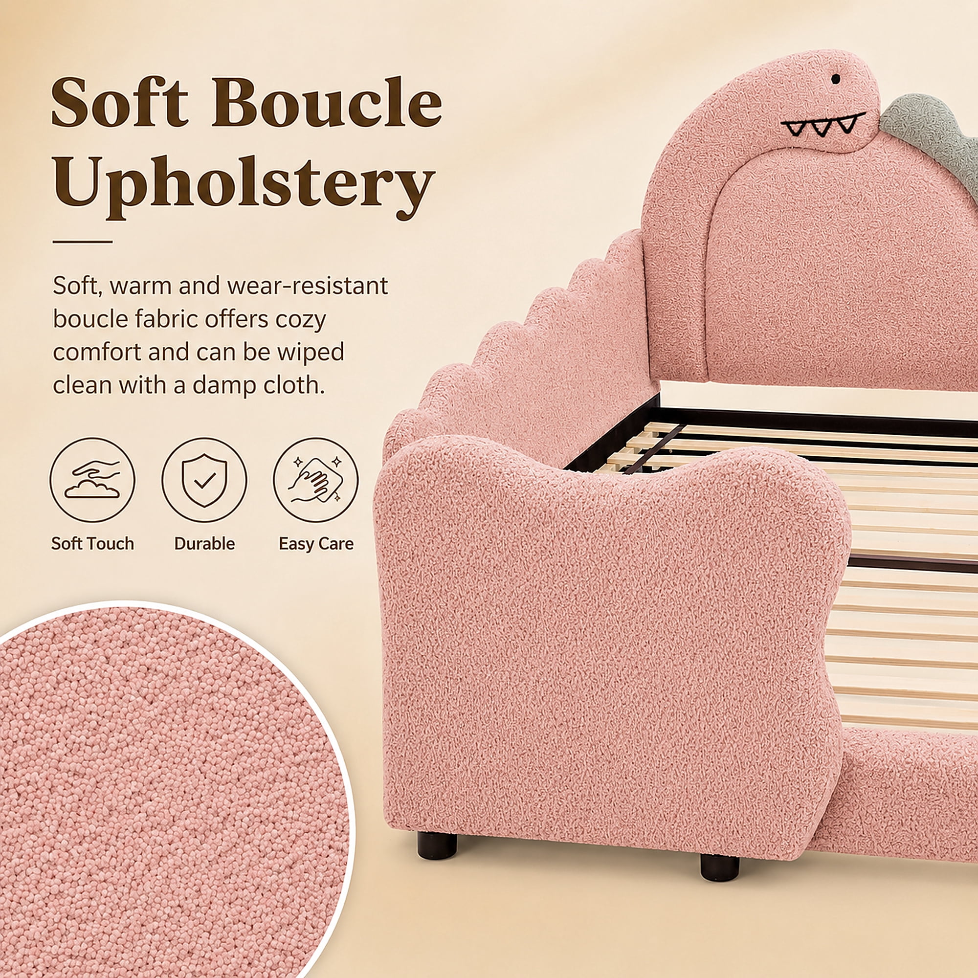 Miniyam Kids Twin Bed Frame, Boucle Upholstered Dinosaur Bed with Guardrails, Wood Slats, Pink