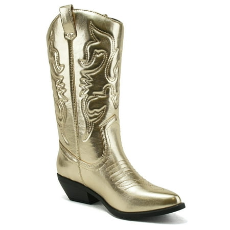 

Soda Women Cowgirl Cowboy Western Stitched Boots Pointy Toe Knee High Reno-S Metallic gold 6