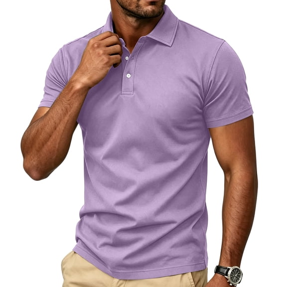 Mens Polo Shirts Buttons Short Sleeve Basic Business Shirts Breathable Soft Casual Performance Classic Fit Shirts Light Purple 2XL