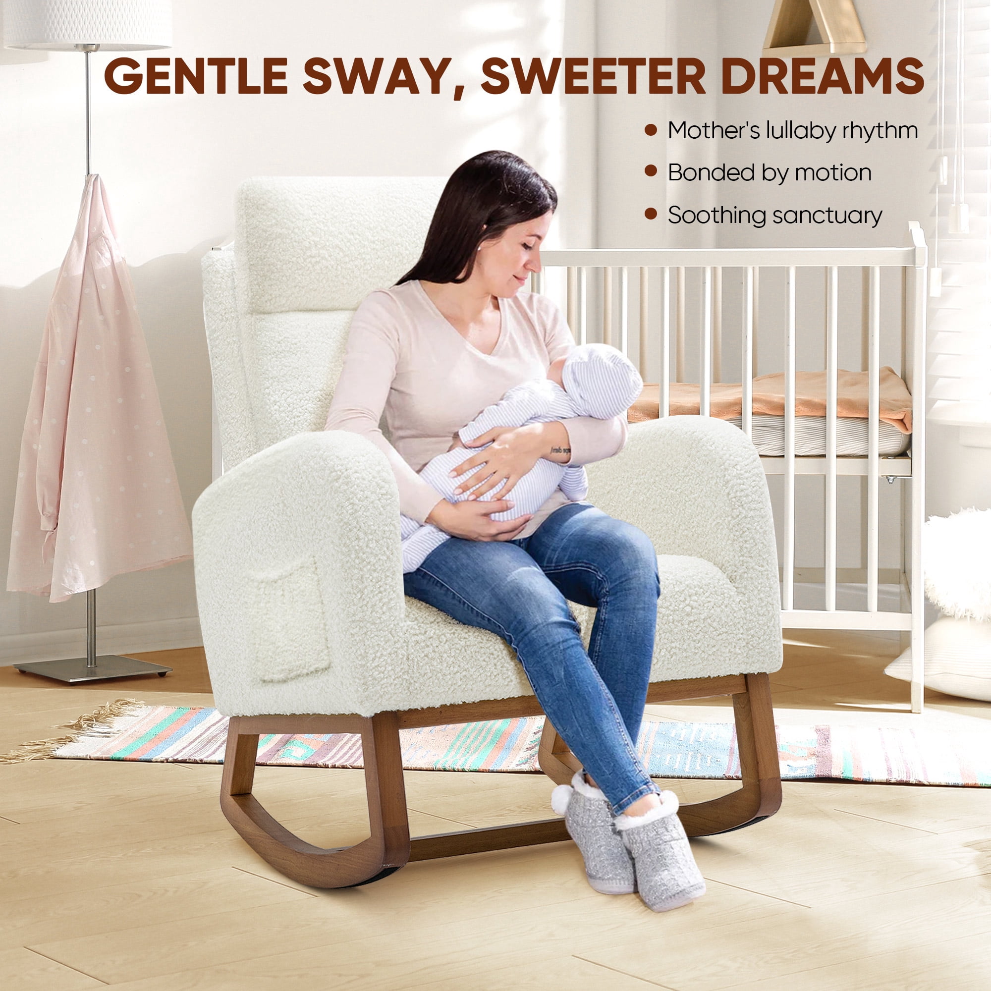 Timbernest Rocking Chair Teddy, 27" High Backrest Modern Accent Chair, Glider Rocker for Living Room, White