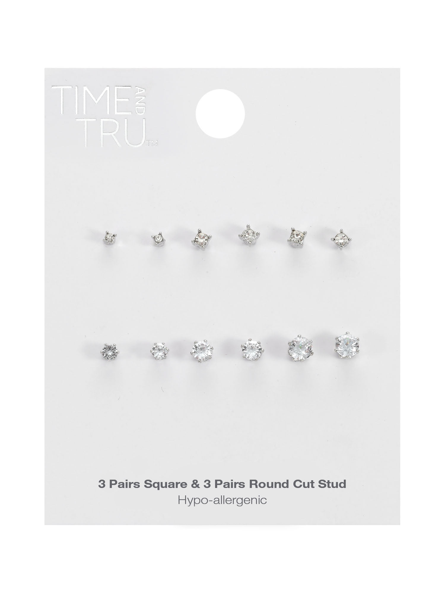 Time and Tru Women's Jewelry Essentials Simulated Diamond Stud Earrings, 6-Pack