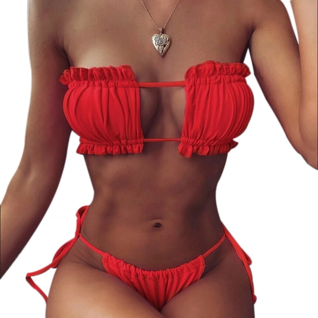 Gupgi Womens Solid Color Swimming Set, Bandage Bikini Top + Lace Up Briefs
