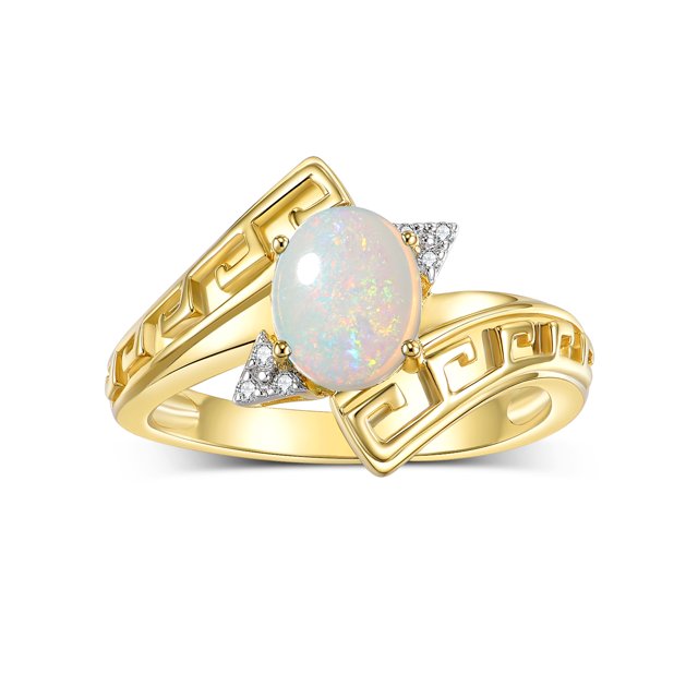 RYLOS Bagues pour Femmes Bague de Designer en Argent Plaqué Or 14K à Clé Grecque Bague Pierre Précieuse 9x7 mm et Diamant Opale Exotique Bijoux Africains Taille 9