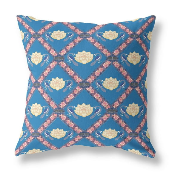 Lotus Peacock Rose Indoor/Outdoor Fabric Pillow with Zip -Blue Yellow Pink 26x26