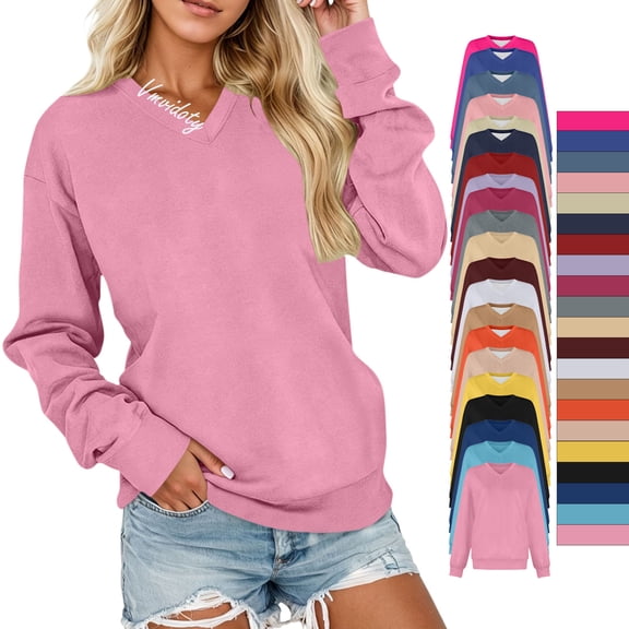 Vmvidoty Womens Oversized Long Sleeve V Neck Sweatshirts Soft Loose Basic Pullover Tops, Casual Daily Wear, Trendy Fashion Fall Winter Clothing Pink S