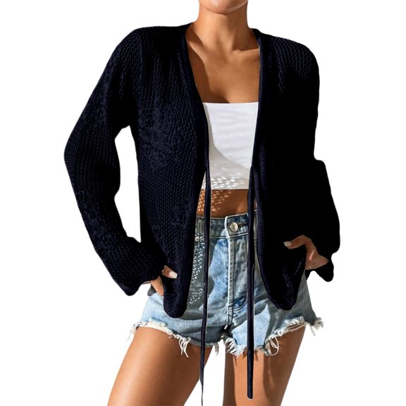 BODOAO Womens Fall Cardigan Sweaters V Neck Long Sleeve Button Open Front Knit Sweater Women Oversized Cardigans A Solid Color Lace Knitted with A V Neck and Three Quarter Sleeves for Ladies Black L