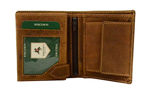 Visconti 715 Mens Oil Leather Bi-fold ID Wallet with Zippered Coin Purse Gift Bx 