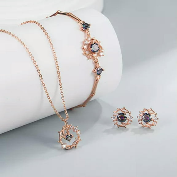 GKNET 925 Silver Multicolor Zircon Necklace Bracelet Earrings Delicate Jewelry Sets-Rose Gold