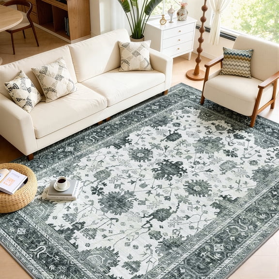 WANLISELL 5' x 7' Area Rugs, Non Slip Machine Washable Rug for Living Room, Vintage Soft Farmhouse Carpets with Backing, Green Beige